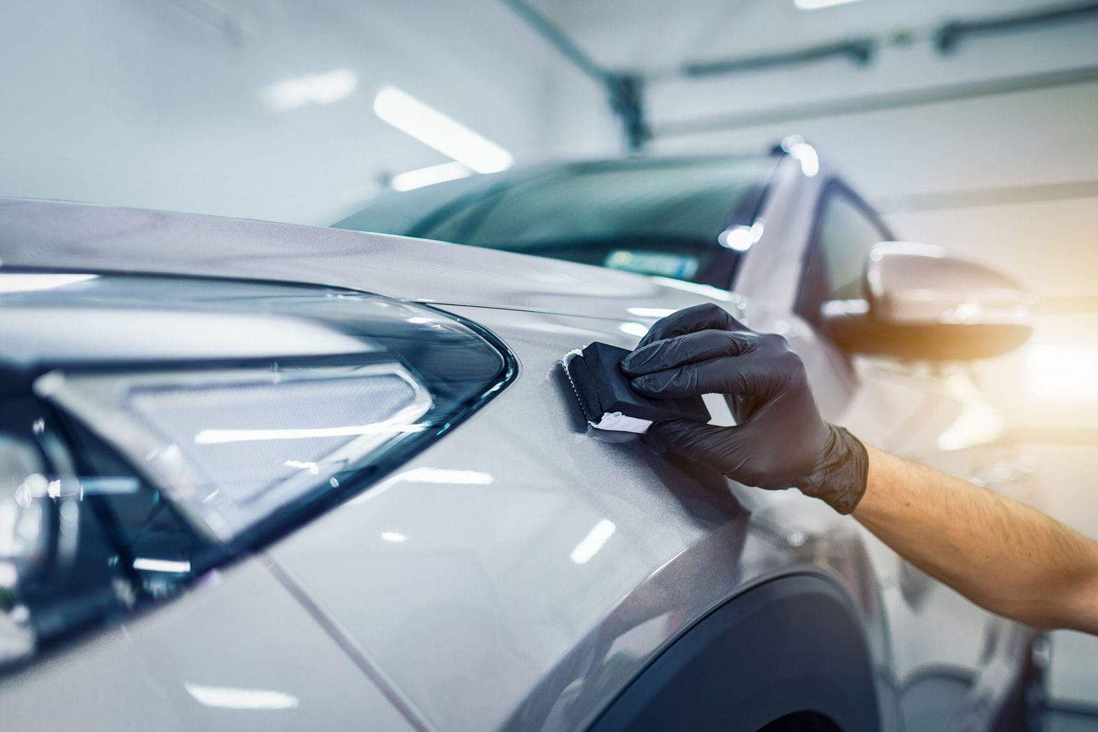 Ceramic coating applied to a white sedan